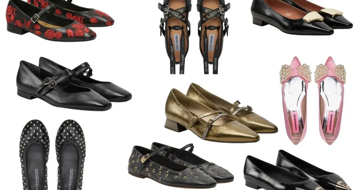 Collezione di ballerine invernali: nere con rose rosse, con borchie, dorate, nere con fibbie, rosa con perle e nere con punta metallica.