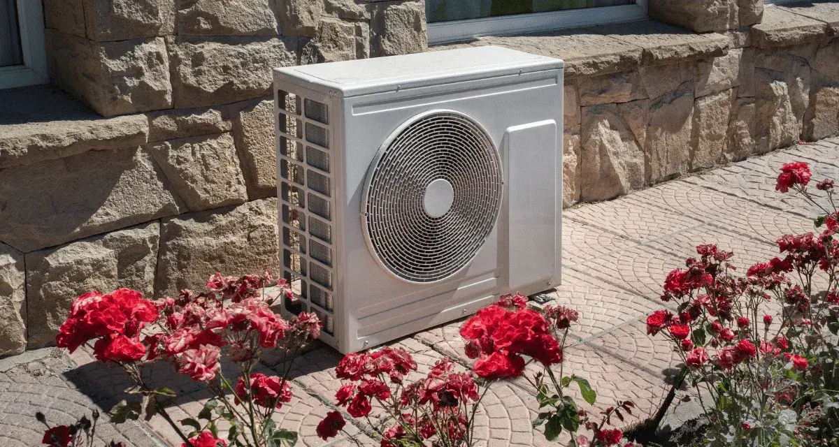 Unità esterna di una pompa di calore aria calda e fredda, posizionata su un patio con rose rosse in fiore.