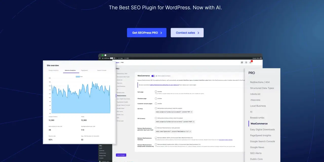 Le programme SEO de SEOPress PRO optimise votre site WordPress, avec des analyses de trafic et des réglages pour WooCommerce.