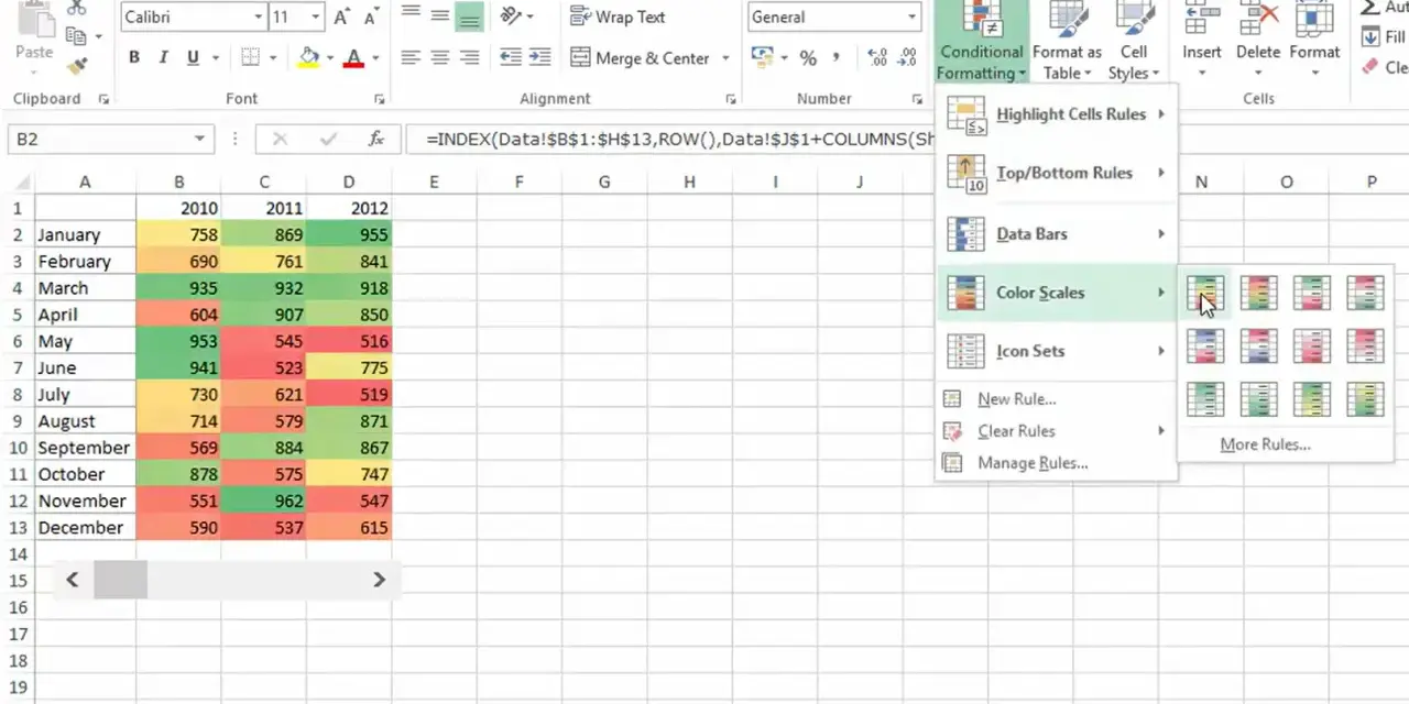 Visualizzazione di un piano di concimazione Excel con scale di colori per i dati.