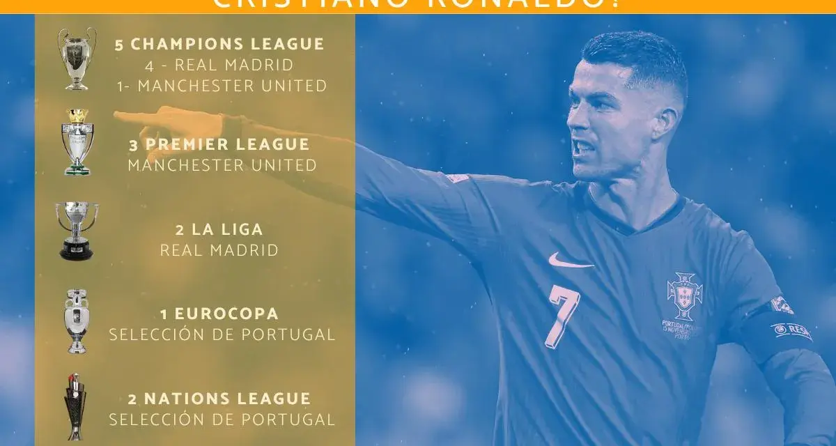 Cristiano Ronaldo tiene 5 Champions League, 3 Premier League, 2 La Liga, 1 Eurocopa y 2 Nations League.