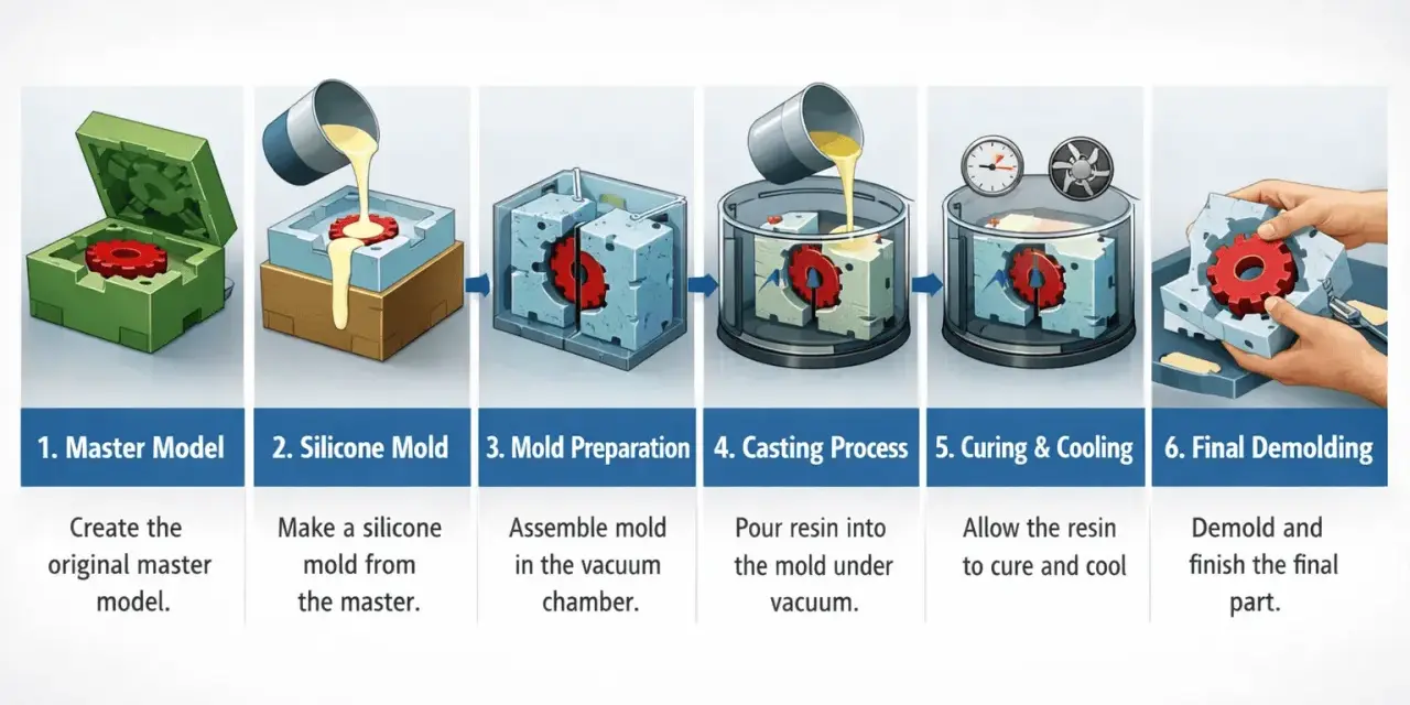 Steps of vacuum casting: master model, silicone mold creation, mold prep, resin pouring, curing, and final demolding.