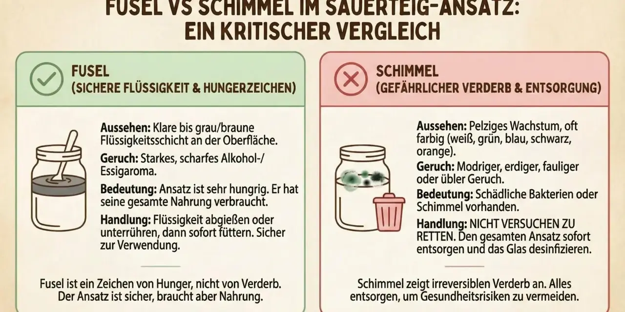 Fusel im Sauerteig riecht scharf, wie Alkohol/Essig. Das ist ein Zeichen von Hunger, nicht von Verderb. Der Ansatz ist sicher.