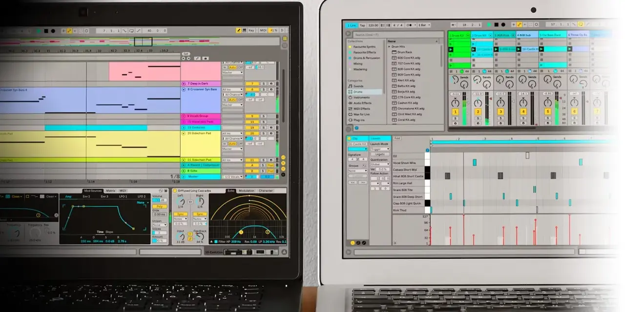Dos ordenadores muestran software de producción musical, con pistas de audio y MIDI. Ideal para crear música sin licencia.