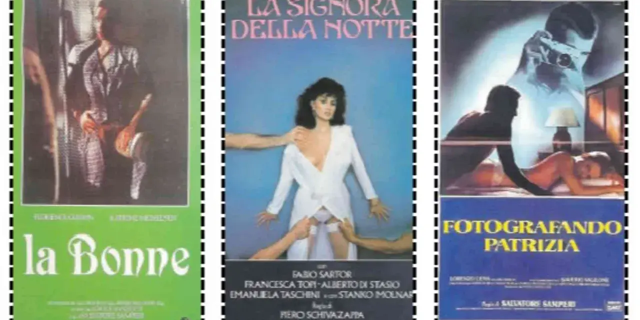 Locandine di film erotico italiano: "La Bonne", "La Signora della Notte" e "Fotografando Patrizia".