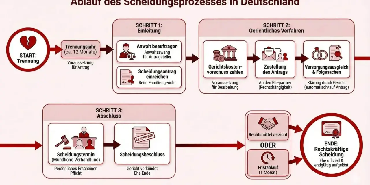 Nach dem Trennungsjahr (ca. 12 Monate) kann man sich scheiden lassen. Der Prozess beinhaltet Einleitung, gerichtliches Verfahren und Abschluss.