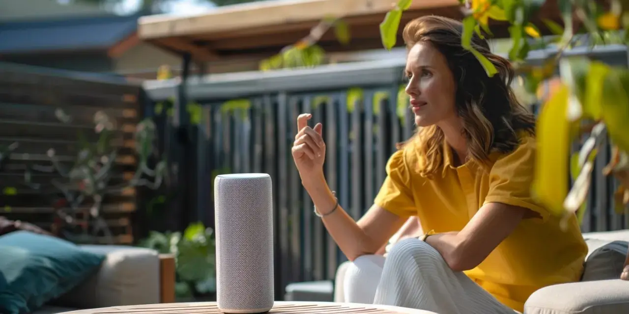 Frau spricht mit einem Smart Speaker im Garten. Sie verbindet ihr Gerät und genießt die Musik.