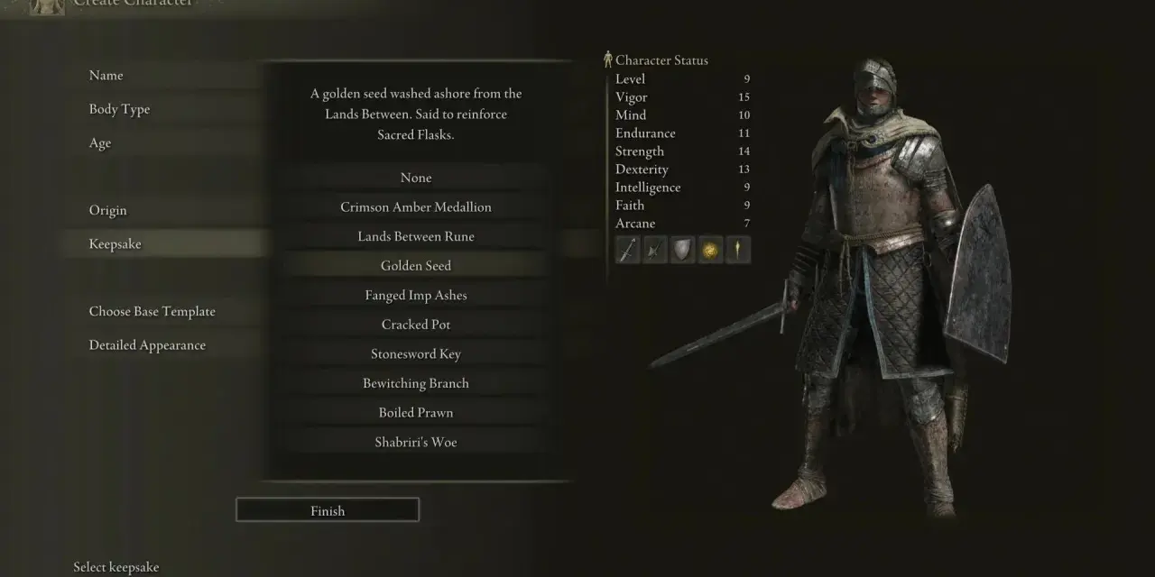 Creando personaje en Elden Ring. El mejor recuerdo es el "Golden Seed", un objeto inicial que ayuda a mejorar las Frascos Sagrados.
