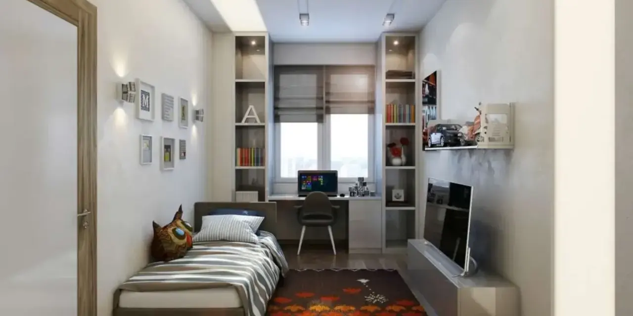 Arredamento moderno per camerette strette e lunghe: letto singolo, scrivania con PC, librerie e TV.