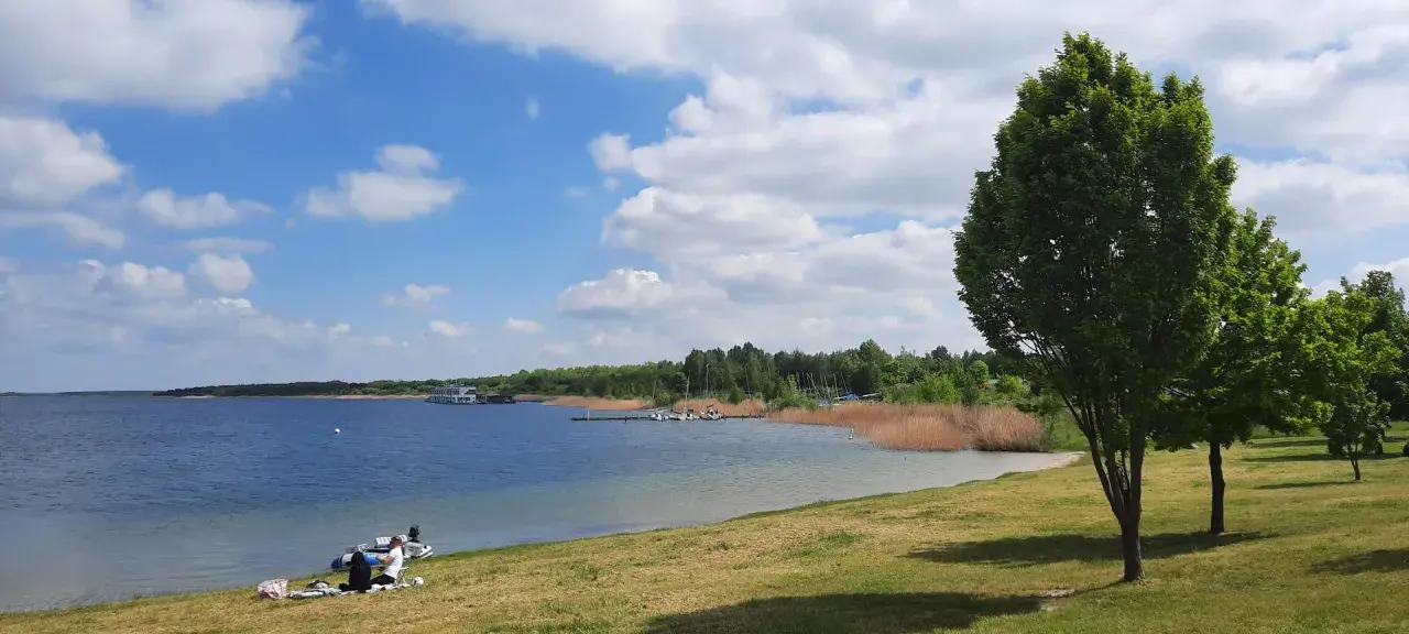 Sonniger Tag am Muldestausee. Menschen entspannen am Ufer, Boote liegen im Wasser. Perfekt zum Baden und Genießen.