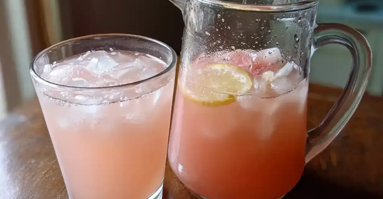 En glas och en karaff med rosa dryck fylld med is. En perfekt strawberry daiquiri för en varm sommardag.