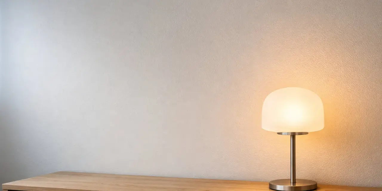 En stilren lila lampa lyser upp en träbyrå mot en texturerad vägg.