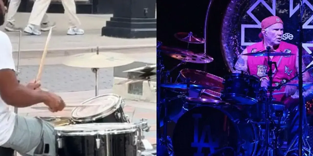 Perkusista Red Hot Chili Peppers na scenie i uliczny muzyk grający na bębnach.