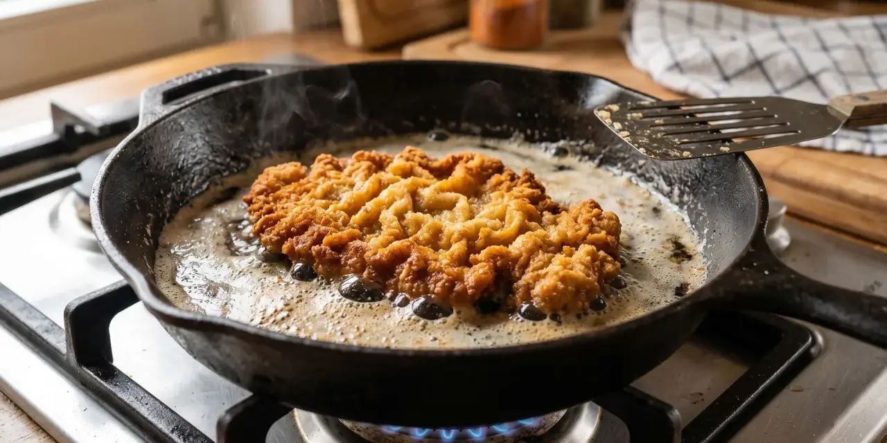 Ein goldbraunes Schnitzel braten in heißem Fett in einer Gusseisenpfanne. Dampf steigt auf, während die Panade knusprig wird.