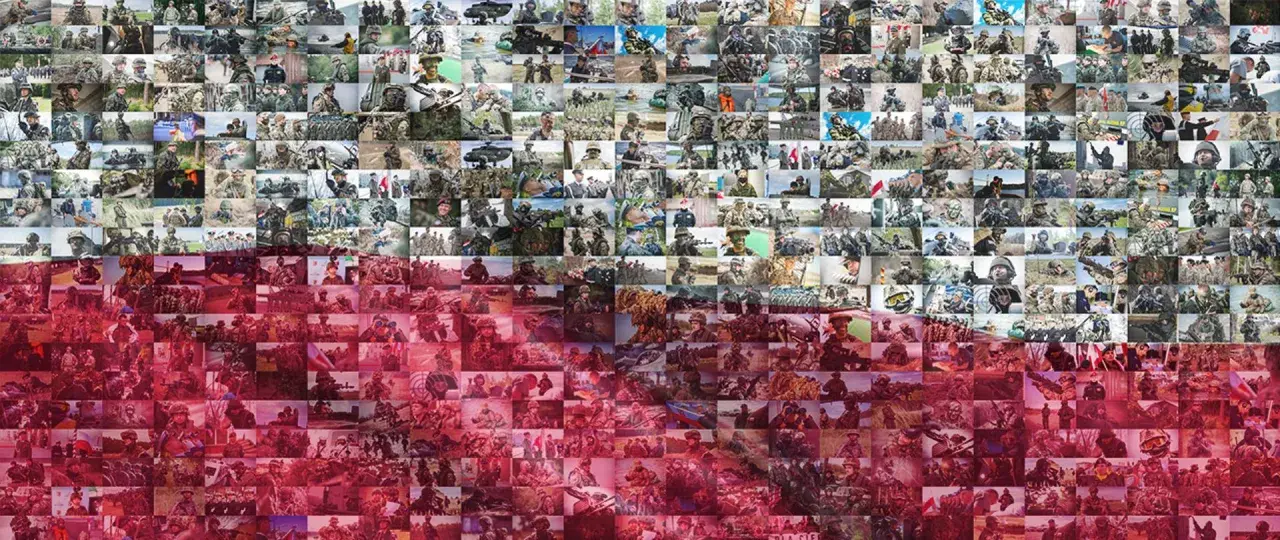 Siatka zdjęć żołnierzy w mundurach, tworząca mozaikę przypominającą flagę Zjednoczonych Emiratów Arabskich.