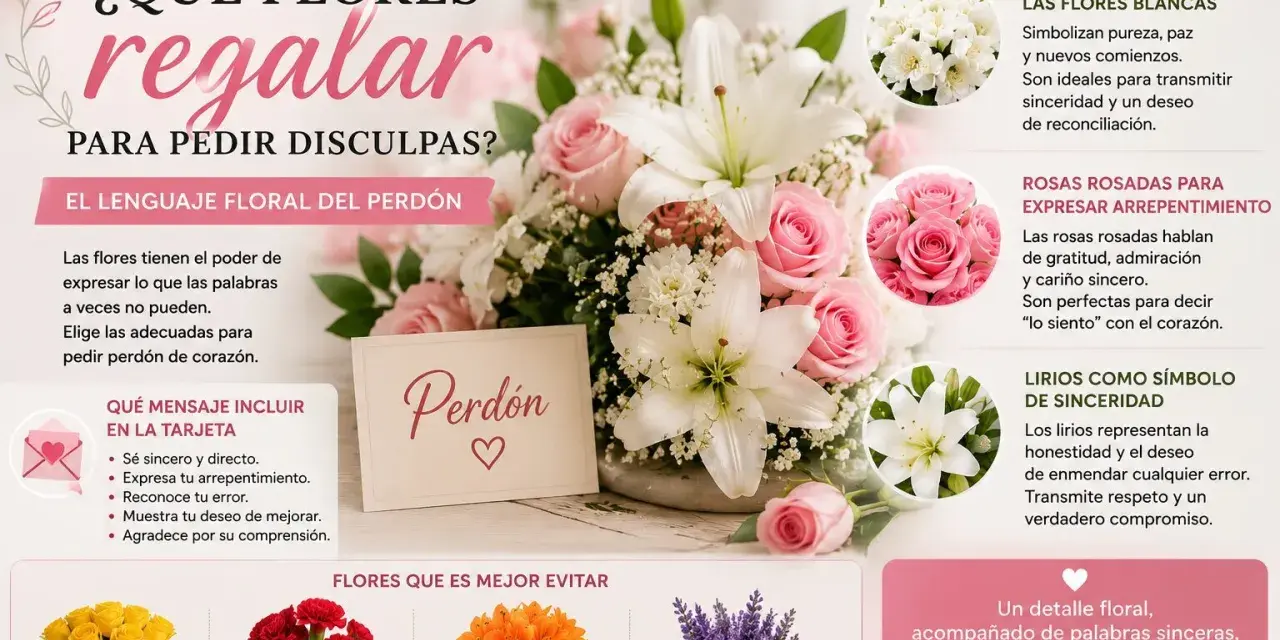 Un ramo de flores para pedir perdón, con rosas rosadas y lirios blancos, simboliza sinceridad y arrepentimiento.