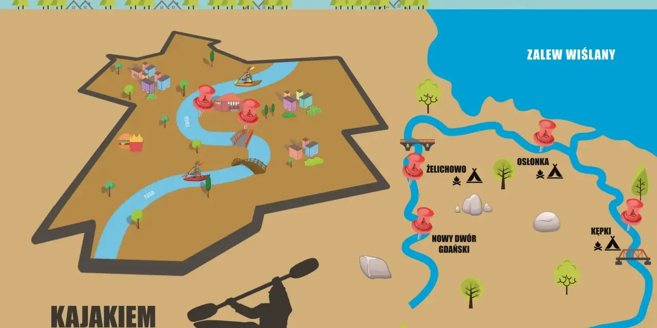 Mapa szlaków kajakowych w Gminie Nowy Dwór Gdański, ukazująca rzekę Tuga, przystanie i miejsca biwakowe.