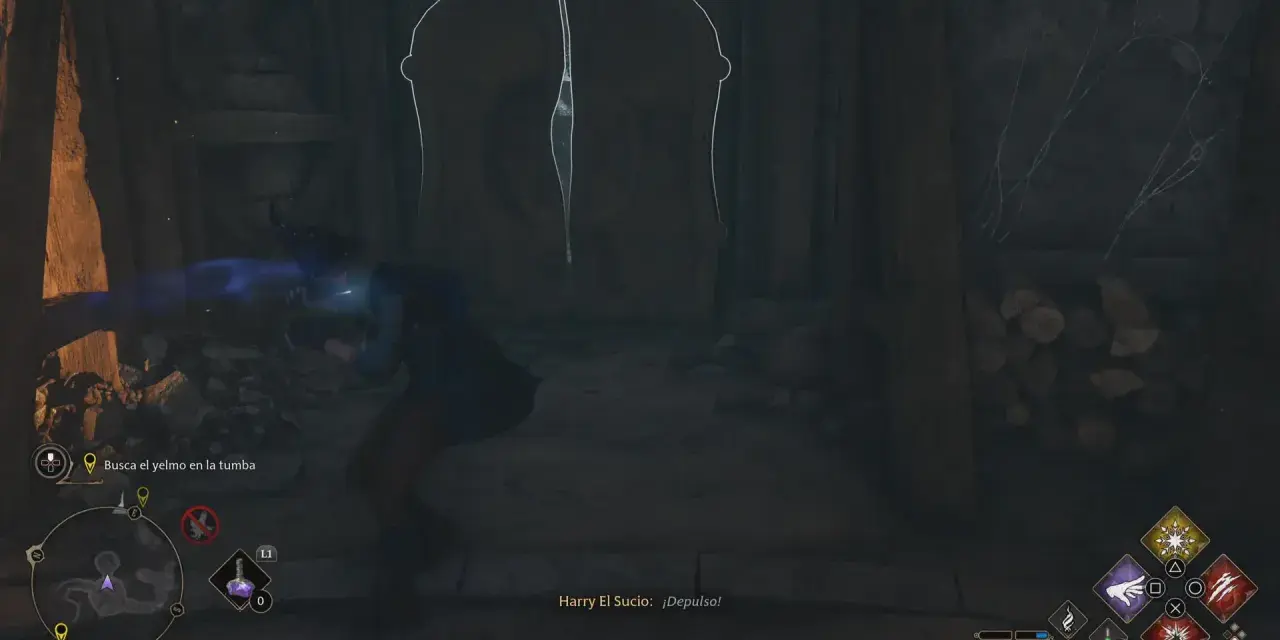 Un mago busca el yelmo de Urtkot en una tumba oscura. Un hechizo azul sale de su varita hacia un objeto.