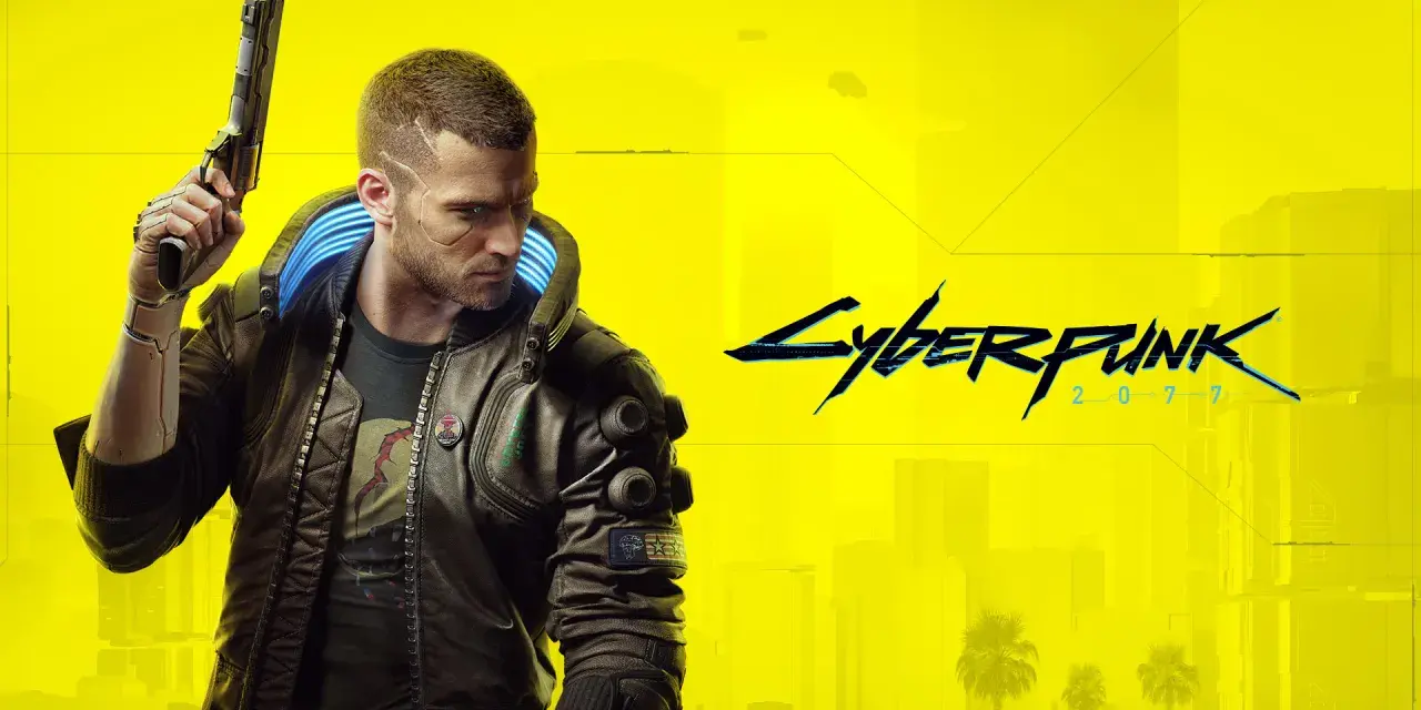 Un hombre con implantes cibernéticos y una chaqueta de cuero sostiene un arma. El logo de Cyberpunk 2077 aparece a la derecha. Ideal para tu **guía trofeos Cyberpunk 2077**.