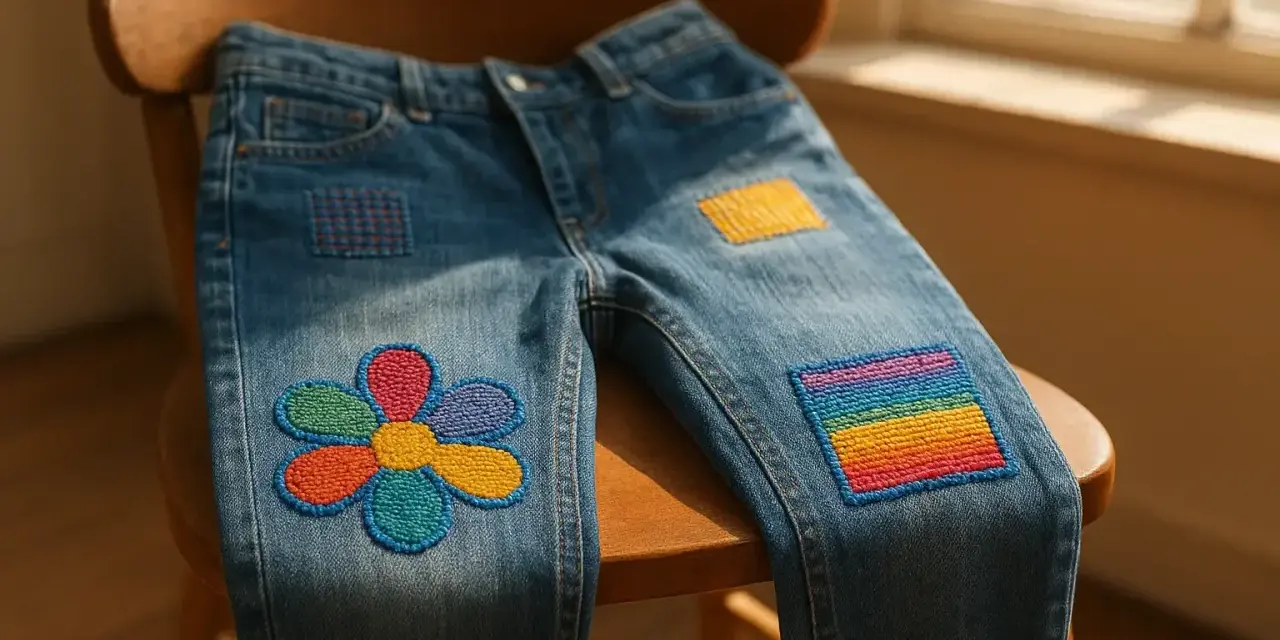 Jeans con vivaci rammendi creativi: un fiore colorato e un arcobaleno, che trasformano un capo semplice in un'opera d'arte.
