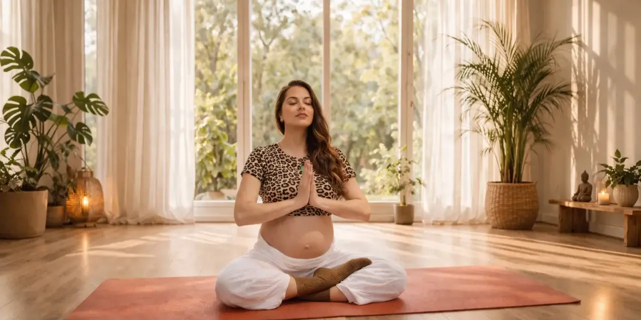 Schwangere Frau in Meditationshaltung auf einer Matte. Sanftes Licht und Pflanzen schaffen eine Atmosphäre der Entspannung in der Schwangerschaft.