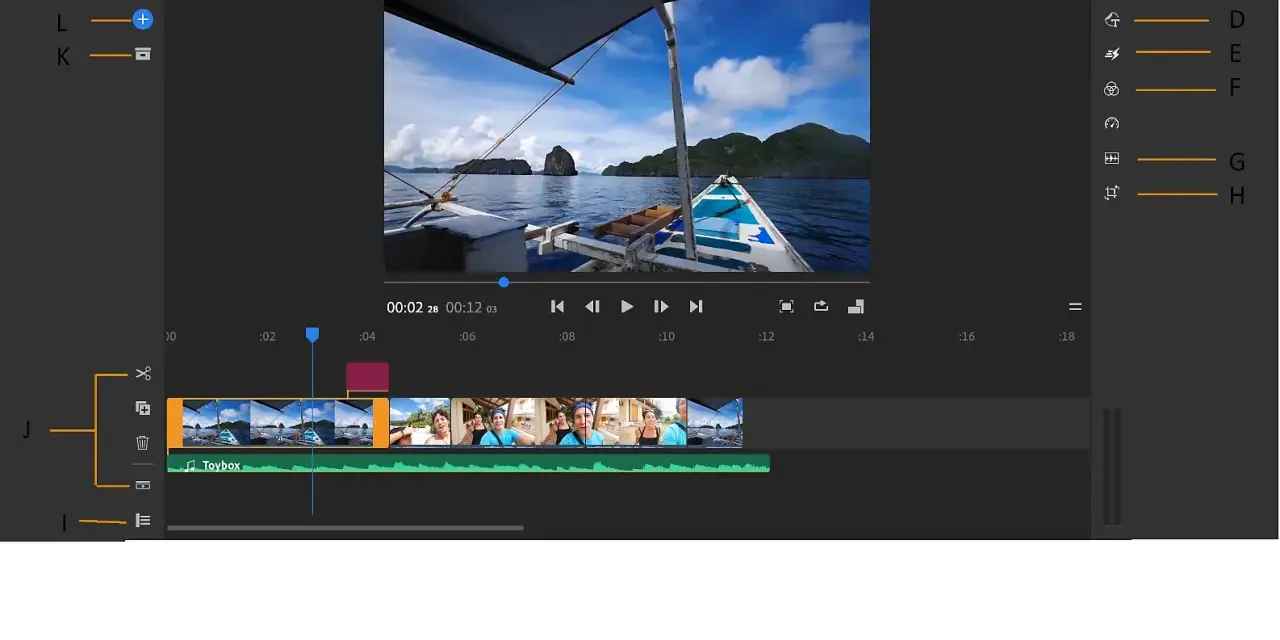 Edycja wideo w Adobe Premiere Rush: montaż ujęć z łodzi na tle wysp.
