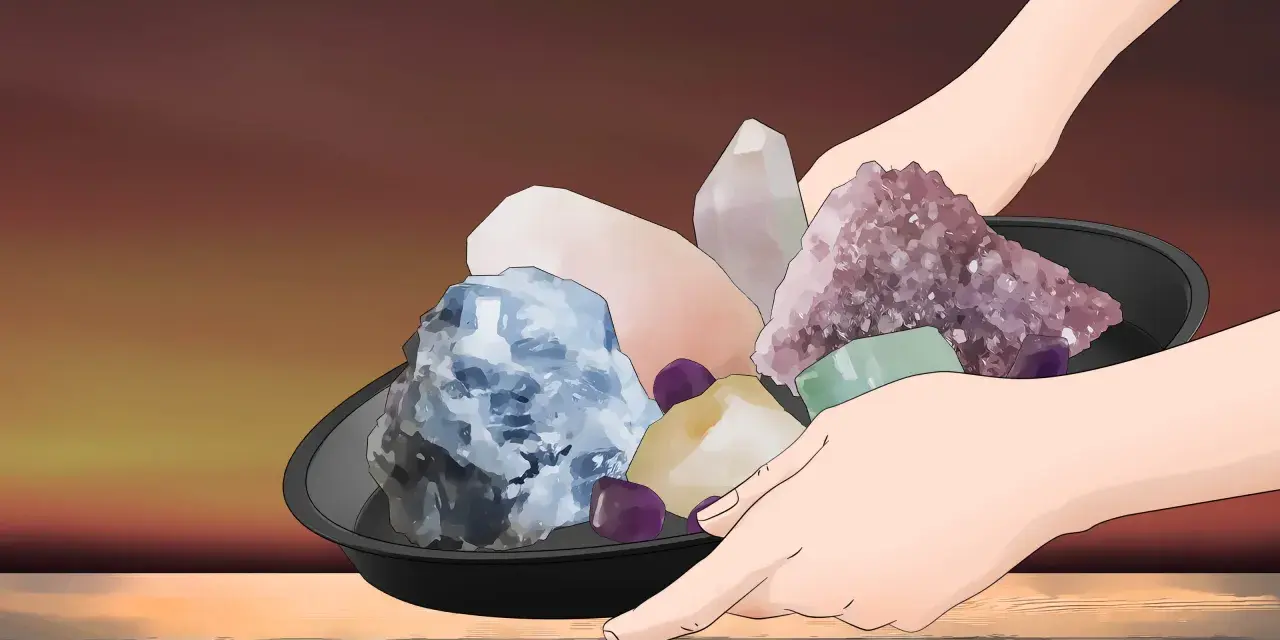 Manos sostienen un plato con cristales de colores, listos para limpiar piedras con sal en luna llena.