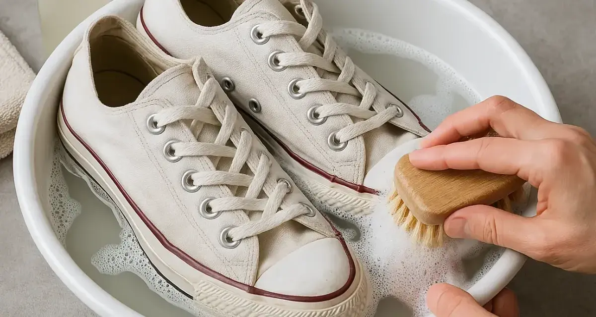 Manos limpian zapatillas blancas con cepillo en agua jabonosa. Aprende como lavar zapatillas blancas y que no queden amarillas.