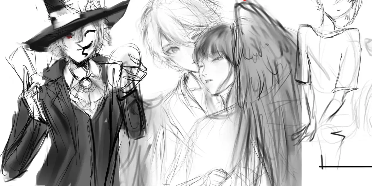 Esquisse d'un personnage au chapeau haut-de-forme et d'un couple, un ange et un autre personnage. Un dessin coquin en devenir.