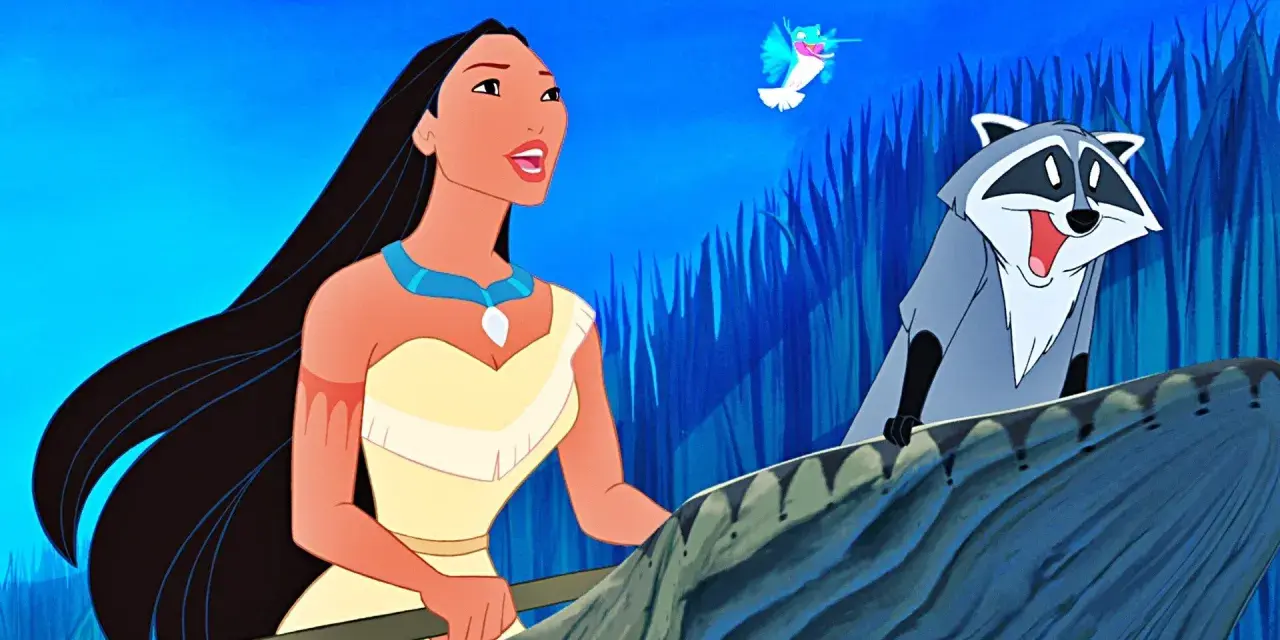 Pocahontas i jej przyjaciel Meeko w łodzi, jak w klasycznych bajkach Disneya. Kolorowy ptak lata nad nimi.