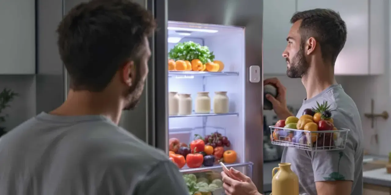 Deux hommes devant un frigo rempli de fruits et légumes. L'un tient une corbeille de fruits, l'autre un téléphone. Mon frigo ne refroidit plus mais congélateur fonctionne.