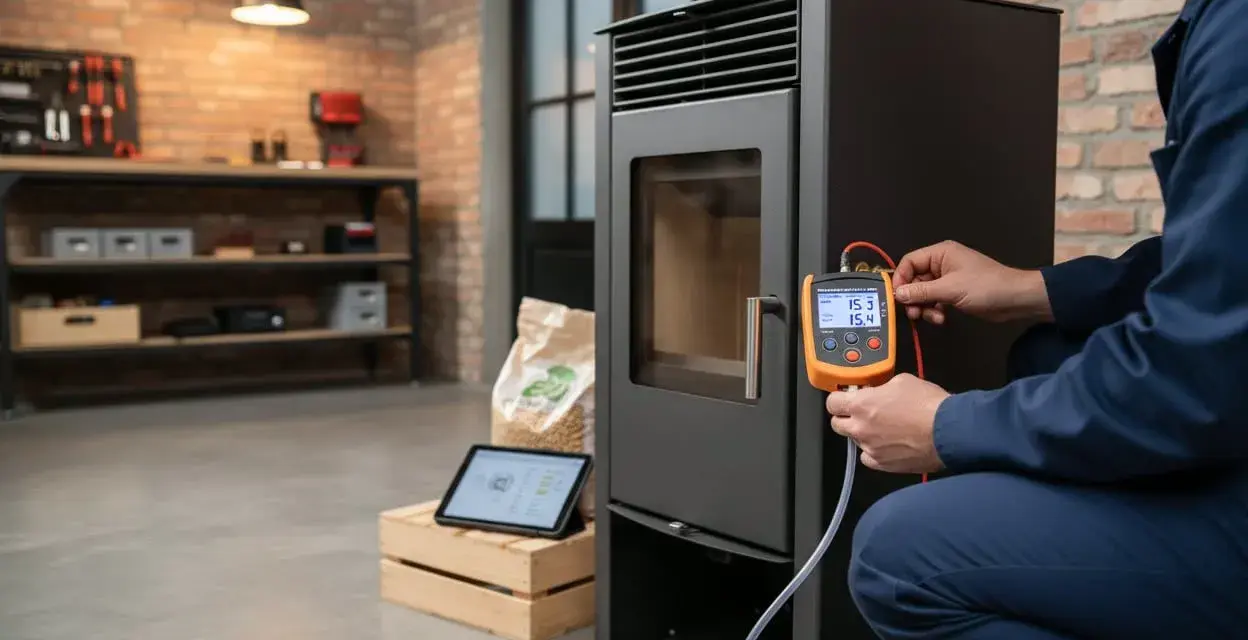 Tecnico effettua controllo su stufa a pellet, garantendo assistenza stufe a pellet multimarca. Strumentazione digitale e tablet per diagnosi precise.