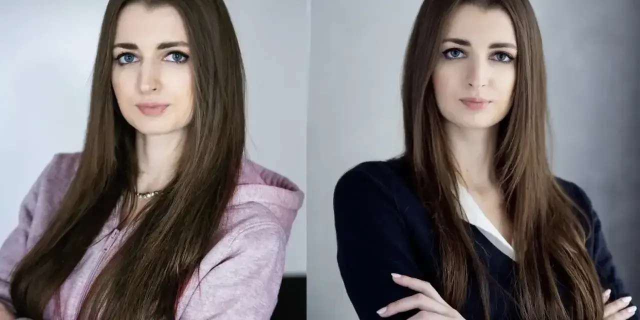 Dwie wersje portretu kobiety, idealne jako zdjęcie do CV telefonem. Wersja casual w bluzie i wersja formalna w marynarce.