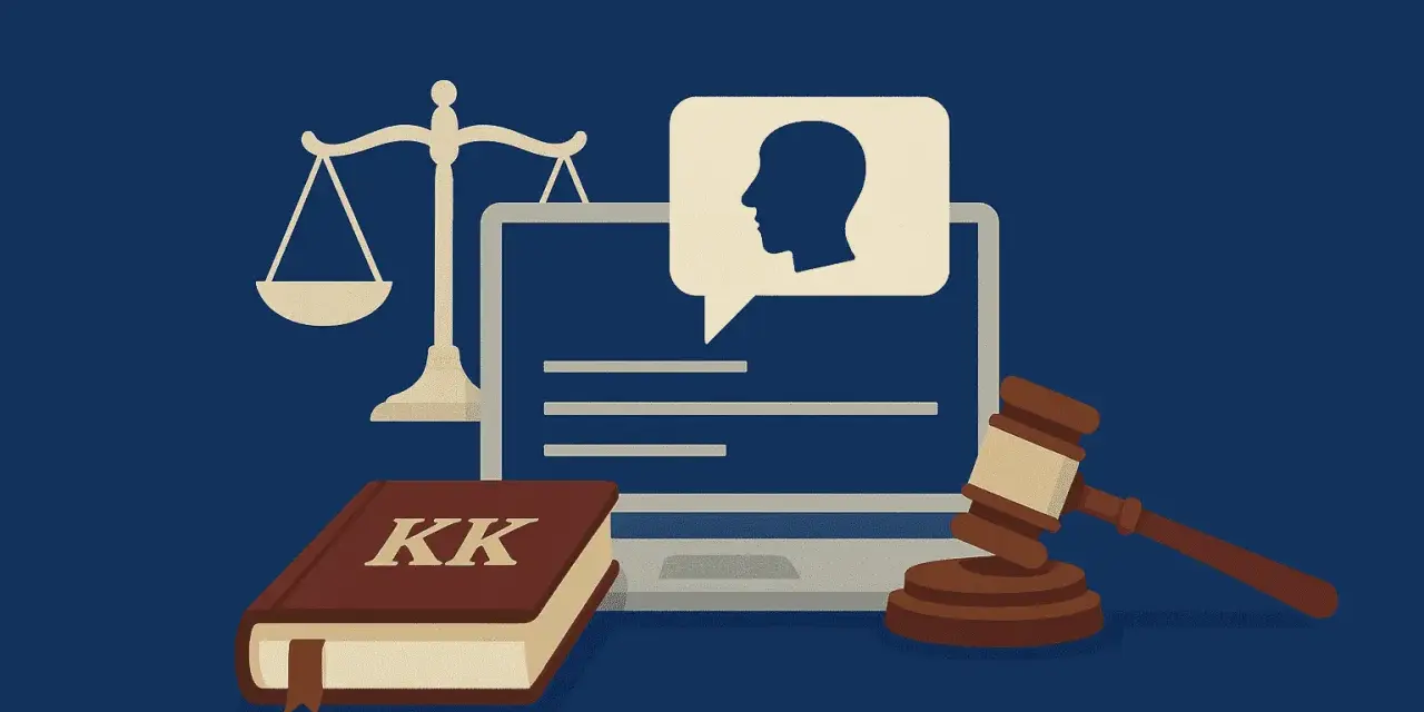 Prawo i sprawiedliwość w erze cyfrowej. Ilustracja przedstawia wagę, księgę z napisem "KK" i komputer z dymkiem, symbolizującym dyskusję. Czy to zniesławienie co to?