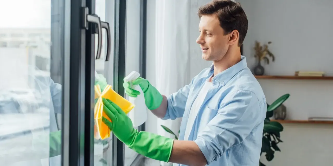 Mężczyzna w zielonych rękawiczkach czyści okna plastikowe, używając sprayu i żółtej ściereczki. Dbałość o detale to klucz do konserwacji okien.