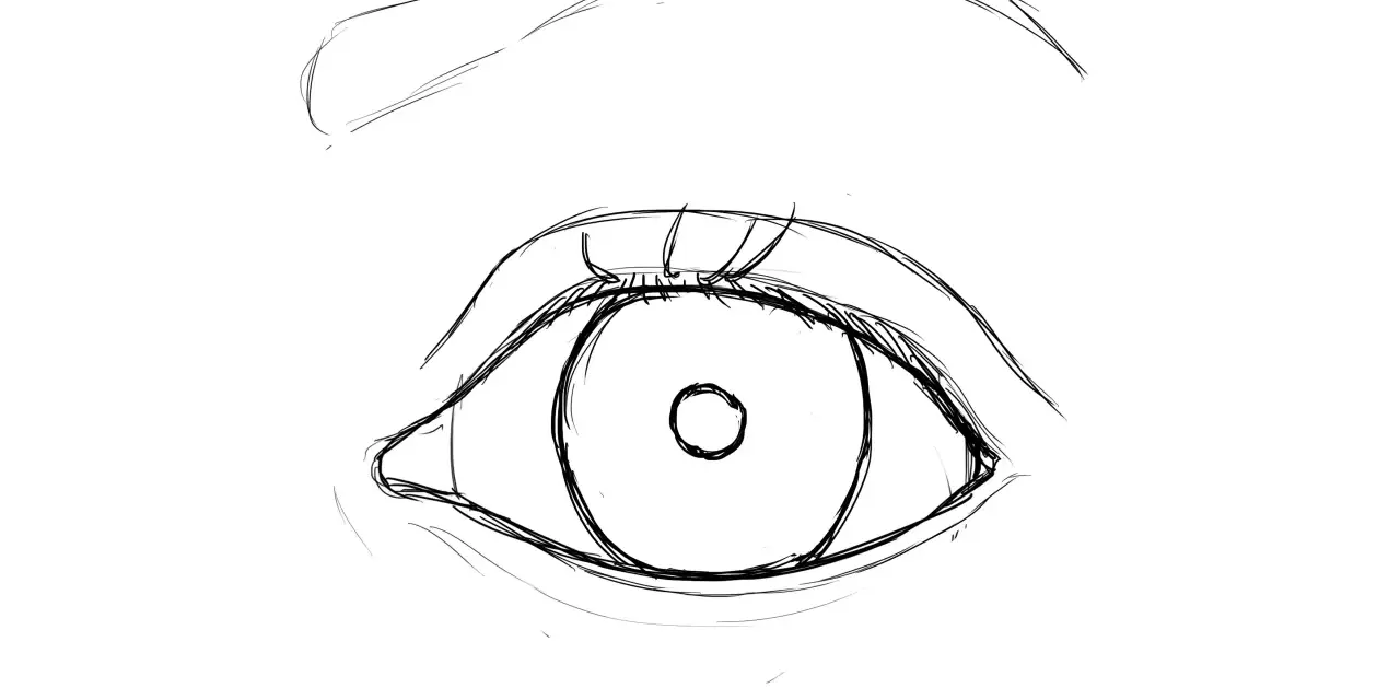 Un croquis au crayon d'un œil ouvert, avec un sourcil arqué au-dessus.