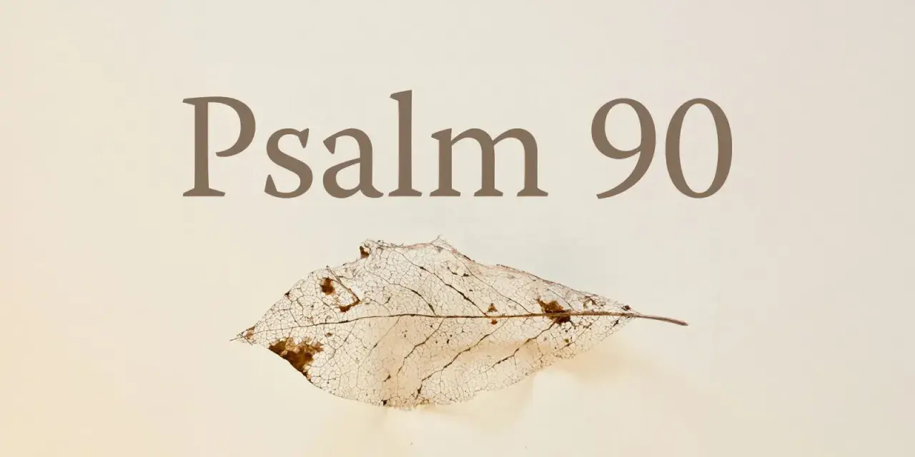 Ein Skelettblatt liegt unter dem Text "Psalm 90". Es erinnert an die Vergänglichkeit des Lebens, wie in Psalm 90 Vers 5 beschrieben.