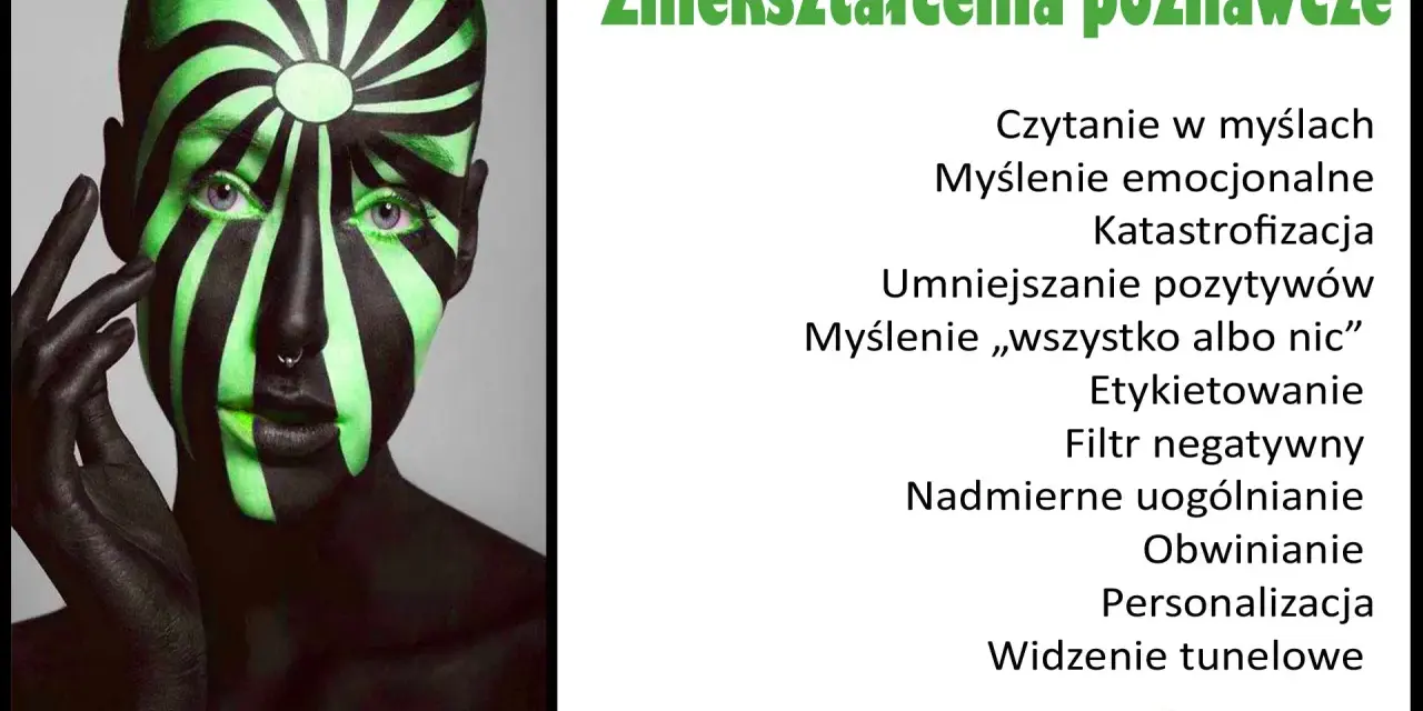 Twarz z zielono-czarnym wzorem, symbolizującym zniekształcenia poznawcze. Lista błędów myślenia: czytanie w myślach, katastrofizacja, filtr negatywny.
