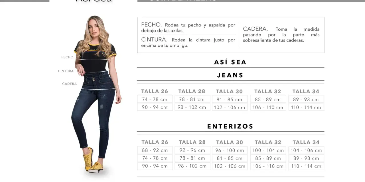 Guía de tallas para jeans. La talla 32 equivale a 85-89 cm de cintura y 106-110 cm de cadera.