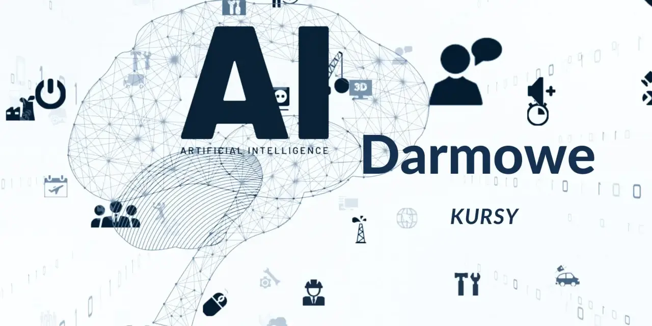 Grafika z mózgiem AI i ikonami symbolizującymi technologię, biznes i naukę. Napis "Darmowe KURSY AI" zachęca do nauki.