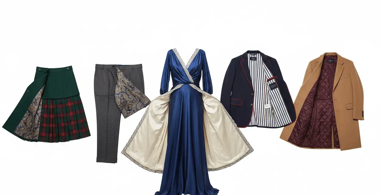 Une robe bleue en soie, une jupe écossaise, un pantalon gris, un blazer et un manteau camel. Le tissu du manteau est doux comme du velours.