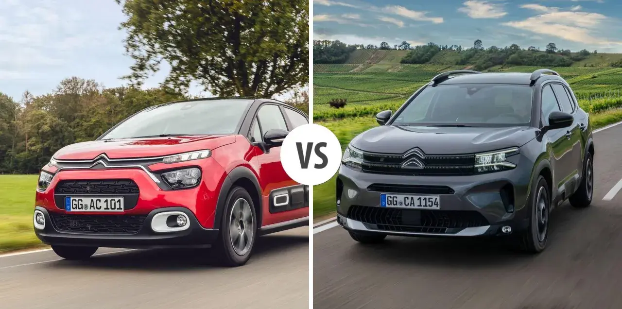 Dwa modele Citroen SUV: czerwony i ciemnoszary, jadące po drodze.