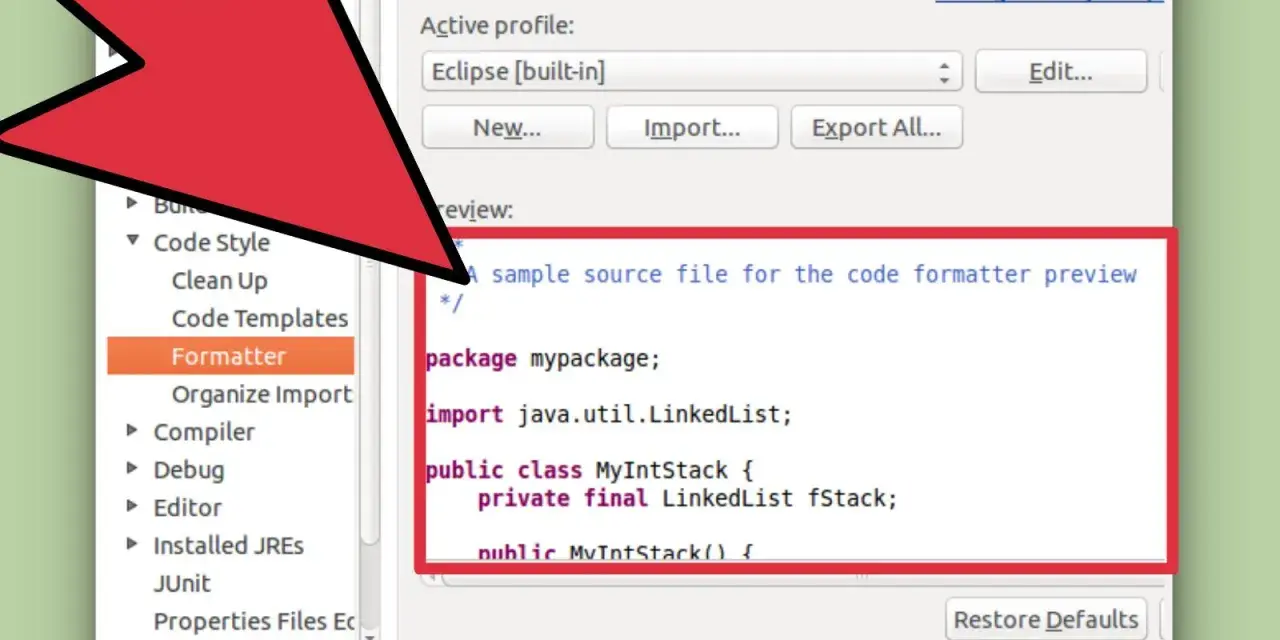 Eclipse-Code-Formatierung im Dark Mode, mit Code-Vorschau.
