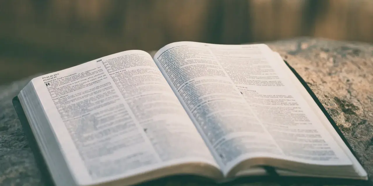 Otwarta Biblia leży na kamieniu, gotowa do czytań na ślub.