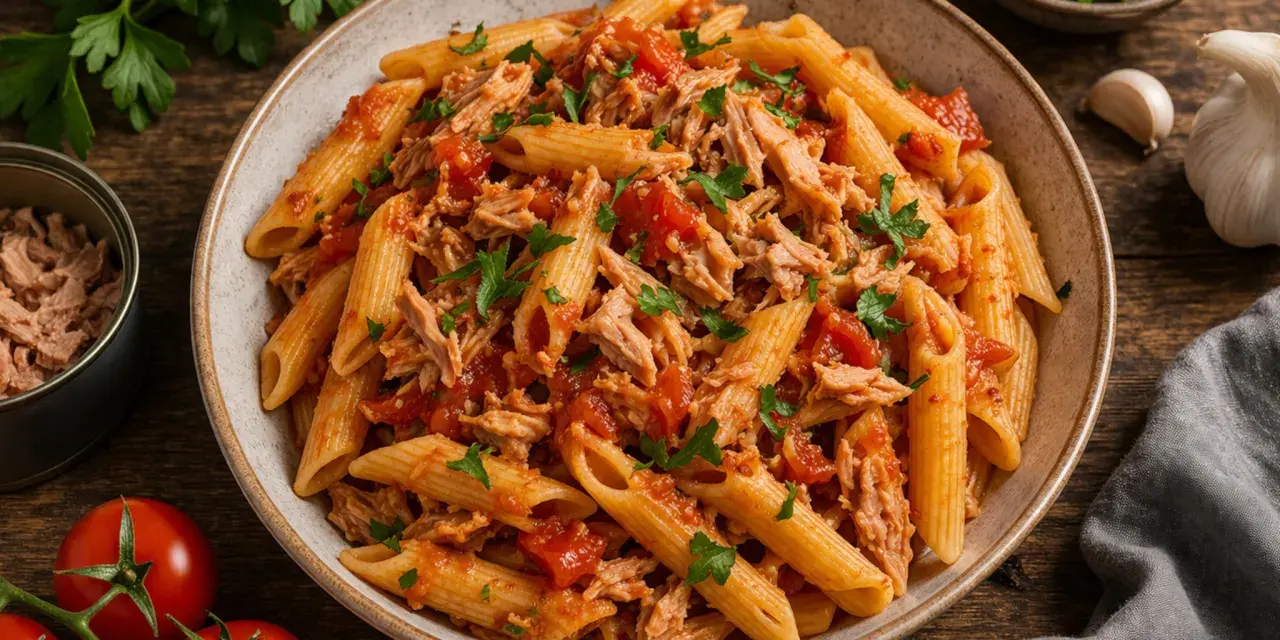Penne z tuńczykiem i pomidorami, posypane natką pietruszki. Obok puszka tuńczyka, pomidory i czosnek.