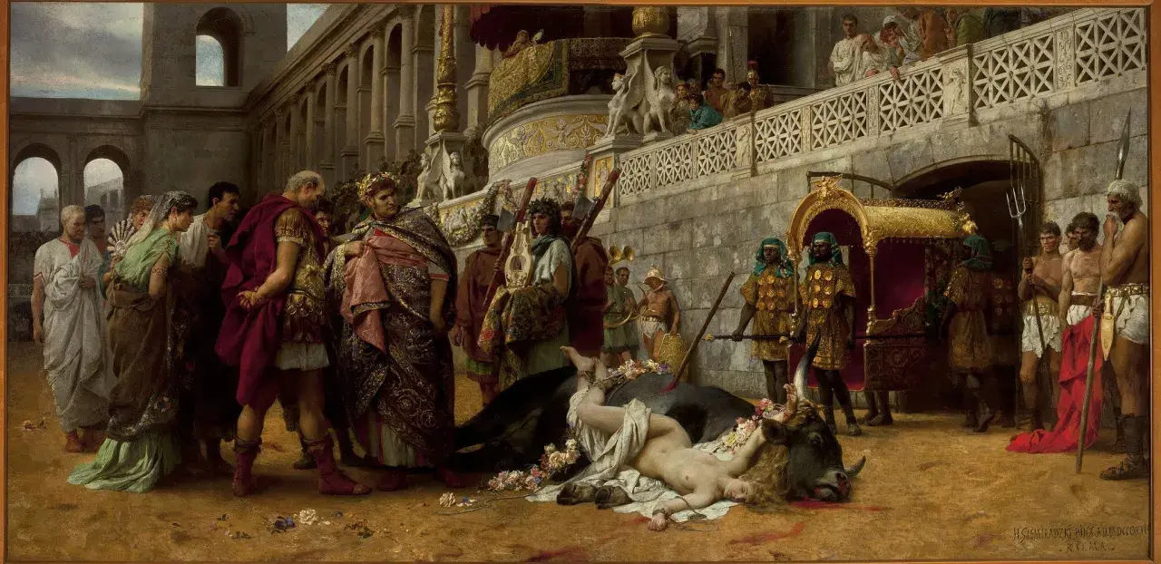 Scena z antycznego Rzymu, gdzie widzimy triumfującego wodza i ofiarę z byka. Obraz ten to przykład bogatych polskich obrazów historycznych.