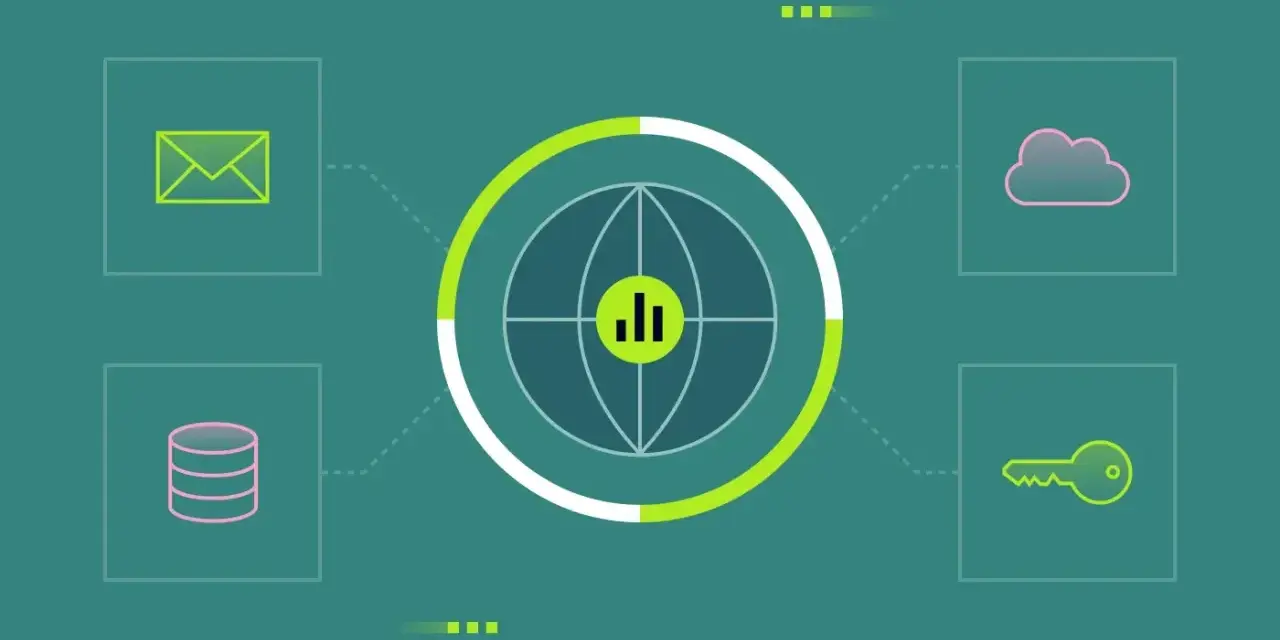 Network monitoring icons: email, database, cloud, key, and a central globe with a chart, representing netflow data analysis.