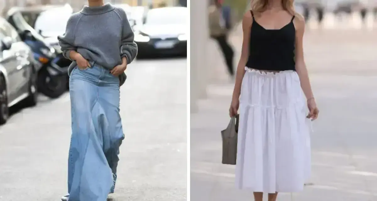 Kobiety prezentują różne stylizacje, pokazując, jakie buty do długiej spódnicy pasują. Jedna w jeansowej maxi, druga w zwiewnej białej.