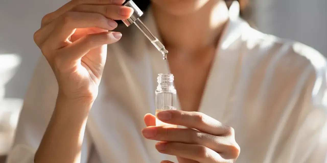 Kobieta aplikuje serum z kwasem fitynowym, dbając o swoją cerę.