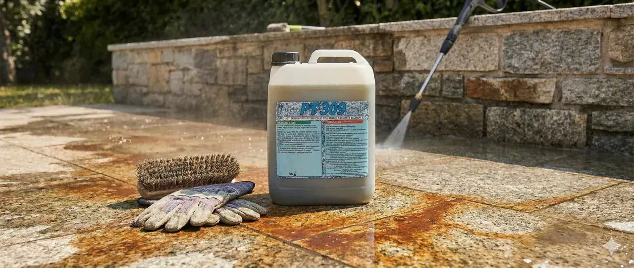 Flacone di acido tamponato per gres, con guanti e spazzola, pronto per pulire il patio.